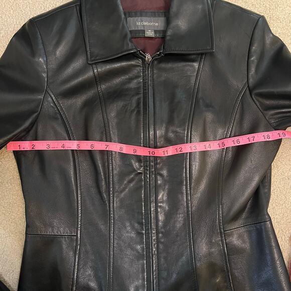 Black Leather Moto Jacket Size Medium EUC Liz Claiborne Full Zip Y2K 90s Friends - Picture 6 of 8